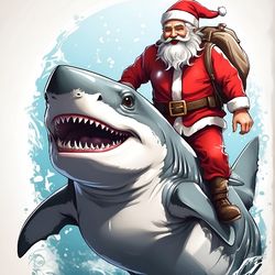 Santa riding shark, vector design, on a white background