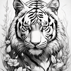 Tiger in flowers. Coloring book for children and adults.
