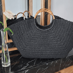 Large unique crochet beach bag with round bamboo handles  best .gift for her