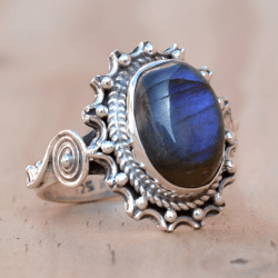Blue Labradorite Ring, Oval Stone Ring, Boho Gemstone Sterling Silver Ring, Oxidized Women Ring, Big Statement Ring
