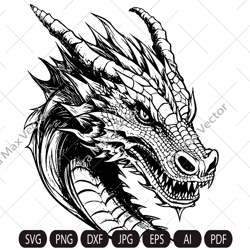 Dragon portrait svg, Dragon head svg, Dragon face svg, Dragon detailed, Dragon vector, instant digital download