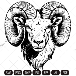 Ram Head SVG, Ram SVG, Aries, Sheep, Farm Animal Graphics Illustration, T-Shirt , Printable Clip Art ,Vector Digital Dxf