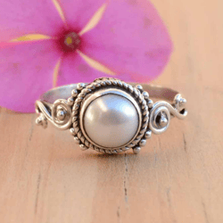 Organic White Pearl silver Ring For Women, 925 Sterling Silver & Gemstone Artisan Handmade Jewelry, Gift  For Her