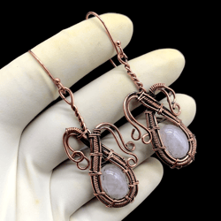 Natural White rainbow moon stone Copper Wire Wrapped Earring Filigree Art Wire Wrap Gemstone pendant Wire Jewelry