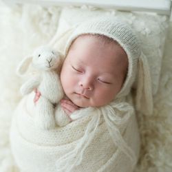 newborn photo prop bunny set: toy bunny, matching bonnet, wrap