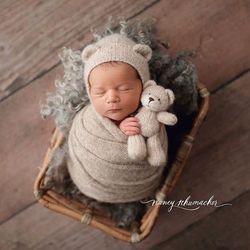 newborn photo prop teddy set: toy teddy bear, matching bonnet, wrap