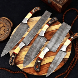 Damascus Steel 5 PCS Chef Knife Damascus Kitchen Knives set Chef set handmade Best chef set with leather sheath