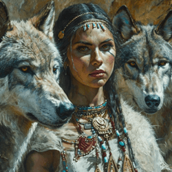 Native American Women and Wolves Digital Painting Art
