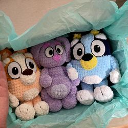 Handmade soft toys set, adorable and safe gift for children. Set bluey, bingo and floppy