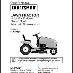 E-BOOK CRAFTSMAN Owner Manual LAWN TRACTOR 18.5 HP 42 Mower Electric Start Automatic Model No. 917.27464 ebook