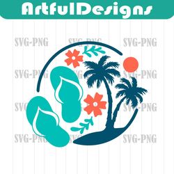 Beach Scene SVG, Palm Tree Circle Cut file for Cricut, Silhouette, Hibiscus