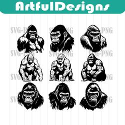 Silverback Gorilla Giant Large Primate Male Strength Mammal PNG,SVG,Eps,Cricut,Silhouette,Cut,Laser,Stencil,Sticker,De