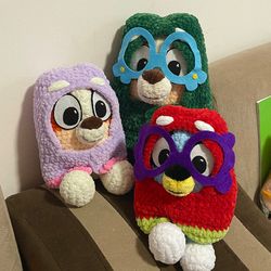 Handmade set of soft toys perfect gift for children. Adorable and safe these grannies bingo bluey chilli