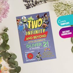 2nd Birthday Toy Kids Birthday Party Invite | Two Infinity and Beyond Birthday Invitation | Digital Canva Template | Toy
