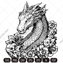 Dragon portrait svg, Dragon head svg, Dragon face svg, Dragon detailed, Dragon vector, dragon in flowers