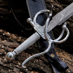 "Masterfully Crafted Hand Forged Damascus Steel Rapier Sword with Leather Sheath - Ideal Medieval Sword, Perfect Wedding
