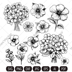 Violet SVG,Violet flowers svg,Violet bouquet, Spring Flower Vector Drawings, Botanical Blossoms , Floral Line Art