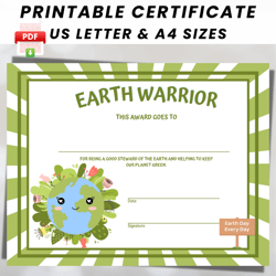 Earth Day Certificate Printable, Kids Earth Warrior Appreciation, Earth Day Activity for Teacher School Classroom Home