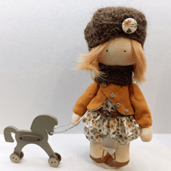 Cloth handmade Doll with a wooden horse Miniature doll Textile art doll, Rag doll, Cute mini rag doll, Soft fabric puppe