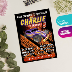 Child birthday invitation in Canva, Immediate Download, Editable Hot Cars Birthday Invitation, Wheels Birthday Invitatio