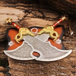 Twin Blade Kratos Sword Set - Real Metal Blades of Chaos Replica with Display Plaque