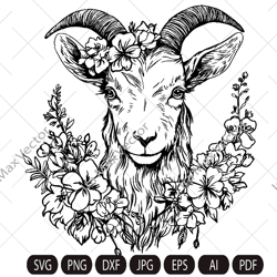 Floral Goat SVG file, Goat with Flower Crown SVG,Goat cut file, Animal Face, Floral Crown, Farm Animals, I love goats