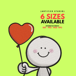 Joyful Love: Valentine's Cartoon Embroidery with Rosy-Cheeked Character and Red Balloon, Digital Embroidery Design File.