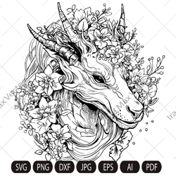 Dragon portrait svg, Dragon head svg, Dragon face svg, Dragon detailed, dragon in flowers
