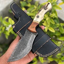 Handmade Damascus Steel Hunting Tracker Knife 10 inches long With Leather Sheath.
