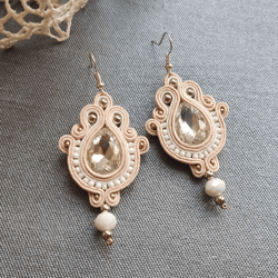 Wedding earrings, Bridal earrings, White Ivory earrings, Soutache earrings, Beadwork, Rhinestone earrings