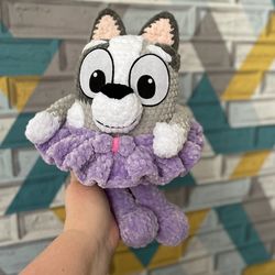 Handmade bluey crochet grey dog toy "Muffin". Perfect gift for dog lovers. Cute and unique.