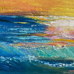 sunset seascape original painting in  oil 18x16" by palette knife impasto on agallery linen canvas artwork