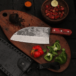 kitchen hand forged chef knife with leather sheath