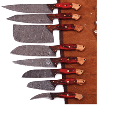professional kitchen knives custom made damascus steel 8 pcs of utility chef knife set with chopper/cleaver pocket case