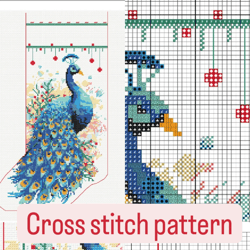 Christmas Stocking Cross stitch pattern with Peacock