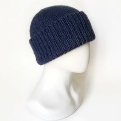 handmade alpaca wool seamless blue men's winter hat warm and cozy handcrafted knitwear, fold-up cuff, hand-knit beanie.