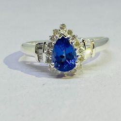 AAA Quality Natural Tanzanite Ring With Diamond In 925 Sterling Hallmarked Silver
