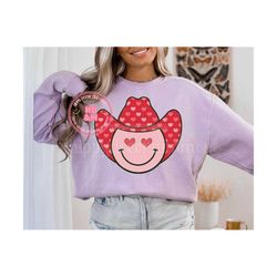 Valentines Day Shirt Design Cowgirl PNG Valentine PNG Retro Boho Hearts Cowgirl Hat Smiley Valentines Day Smiley PNG