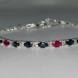 Natural Blue Sapphire And Ruby With Natural Zircon Stone Bracelet In White Gold