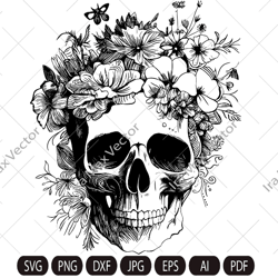 Skull svg file, Flower Skull svg, Skull cut file, Floral Skull svg file, Sugar Skull Svg , skull flower crown, hallo