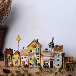 IN STOCK Tiny street, miniature houses, driftwood art, little wooden house, set of 7 little houses