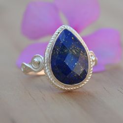 Blue Lapis Lazuli Ring Women, Sterling Silver Lapis Ring, Gemstone Ring, Pear Shape Stone Ring, Handmade Gift For Her