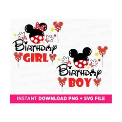 Bundle Birthday Girl and Boy Svg, Happy Birthday Svg, Mouse Ear and Balloons Birthday, Mathcing Couple Birthday, Png Fil
