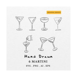 Dirty & Espresso Martini Illustration SVG PNG - Hand Drawn Cocktail Clipart, Pouring Martini Sketch, Martini Cheers Draw