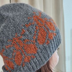 Cashmere bugs motif beanie, cap, adult wool hat, absolutely exclusive accessory for women, perfect gift