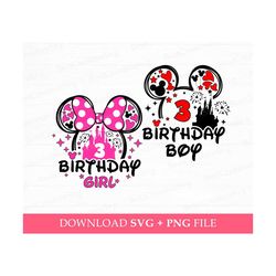 Bundle Birthday Svg, Birthday Girl Svg, Birthday Boy Svg, 3 Years Birthday Svg, Magical Kingdom Svg, Mouse Ear and Ballo