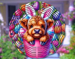 highland cow easter wind spinner png, cute baby cow bunny flowers wind spinner sublimation design, spinner template file