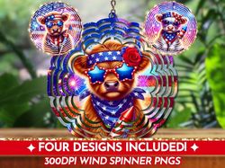 4th Of July Highland Cow Wind Spinner PNGs, USA American Flag Fireworks Cute Cow WindSpinner Sublimation Design PNG File