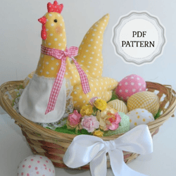 Diy Easter Hen with eggs, stuffed Chicken, sewing pattern cute soft toy Hen, how to make Hen, sew funny fabric Hen pdf