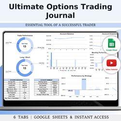 Options Trading Journal Template For Google Sheets, Win-Loss Strategy Tracking (Blue Mode)